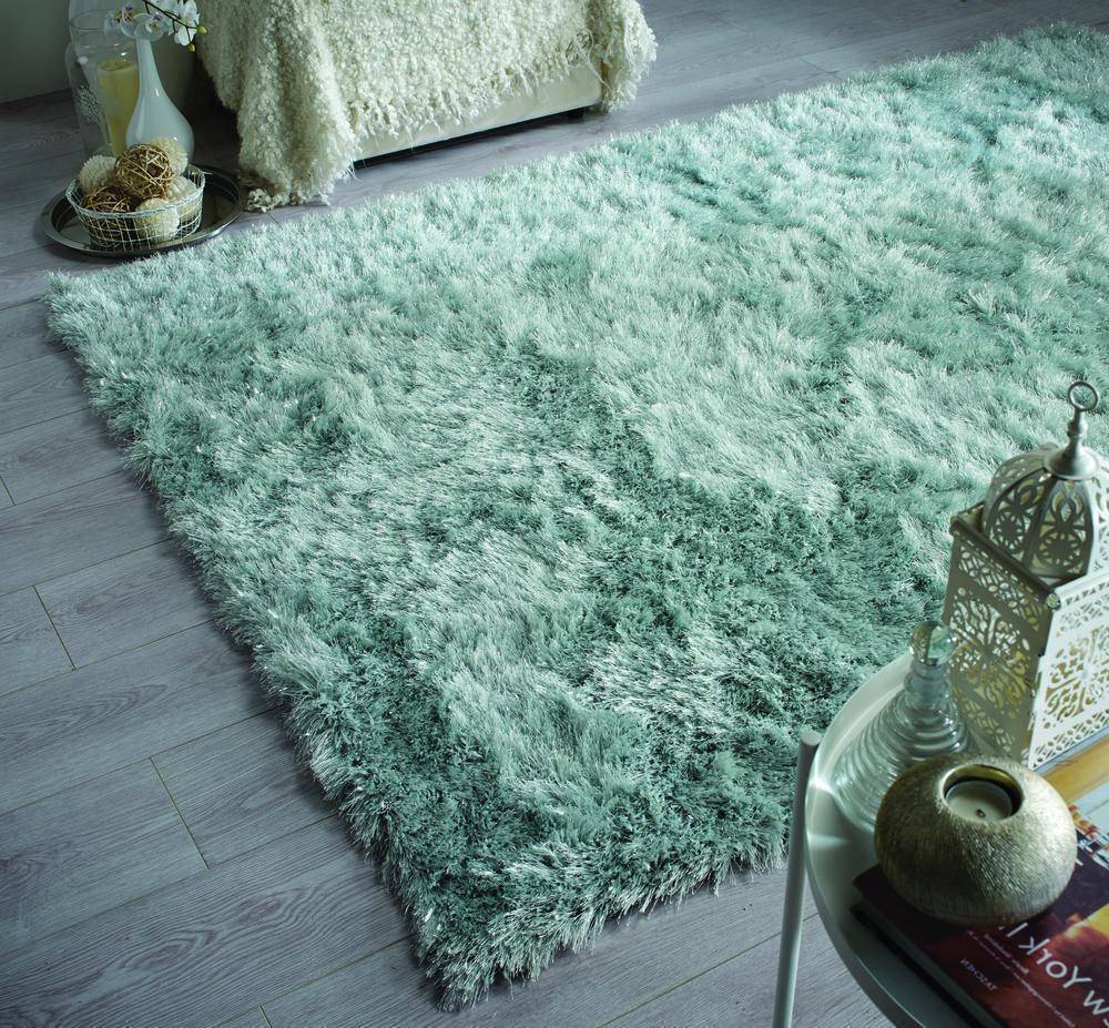 Glitz Duck Egg Shaggy Area Rug RUGSANDROOMS 