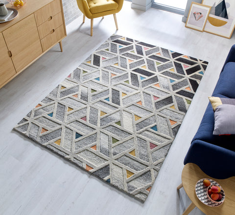Image of Thick Ombre Grey and Multi Geometric Area Rug